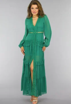 Groene Ruffle Jurk met Pofmouwen