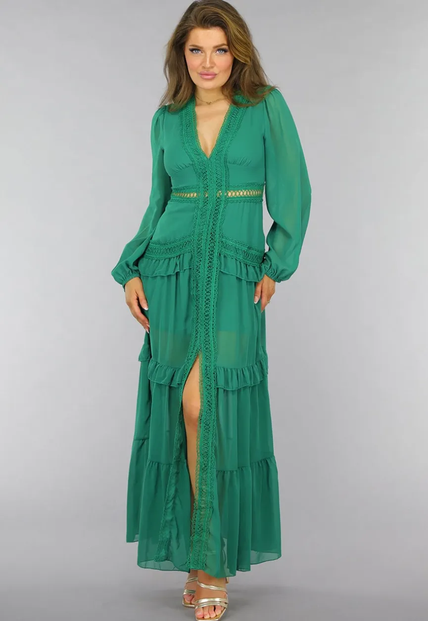 Groene Ruffle Jurk met Pofmouwen