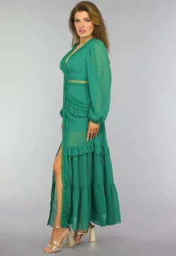 Groene Ruffle Jurk met Pofmouwen