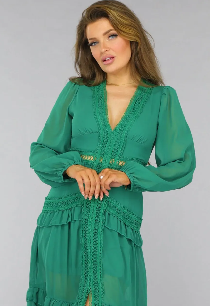 Groene Ruffle Jurk met Pofmouwen