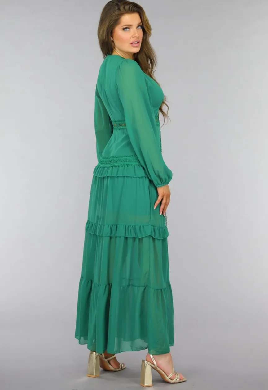 Groene Ruffle Jurk met Pofmouwen