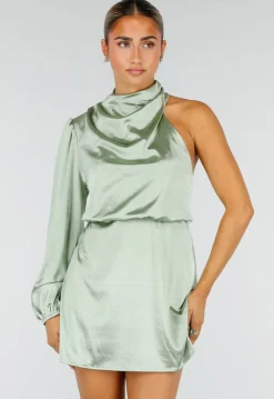 Groene Satijnen One Shoulder Mini Jurk met Lange Mouw en Stretch