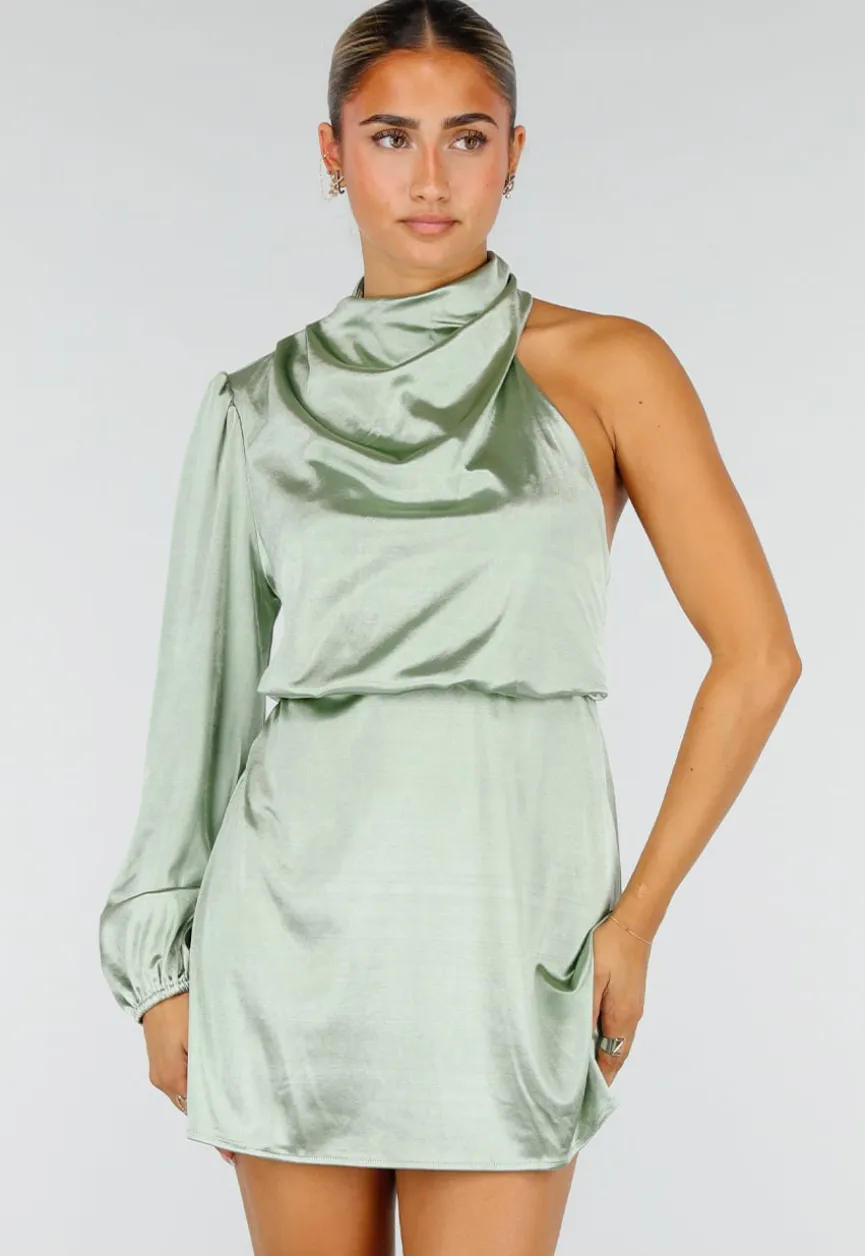 Groene Satijnen One Shoulder Mini Jurk met Lange Mouw en Stretch