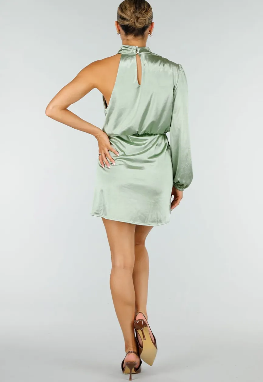 Groene Satijnen One Shoulder Mini Jurk met Lange Mouw en Stretch