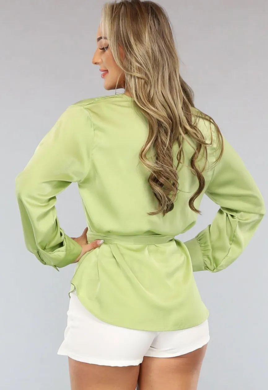 Groene Satijnen Overslag Blouse met Ceintuur