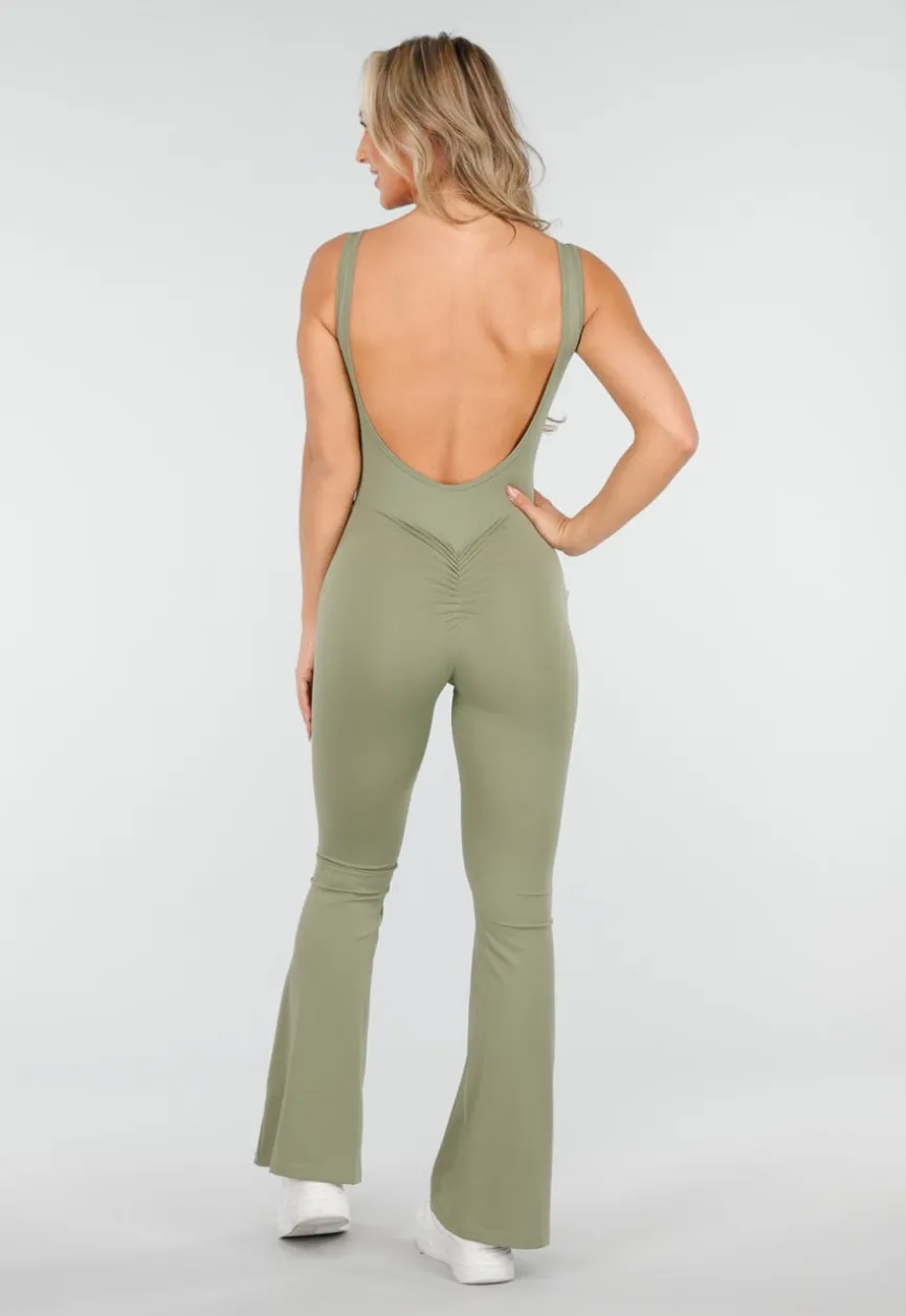 Groene Scrunch Jumpsuit met Lage Rug en Flared Pijpen