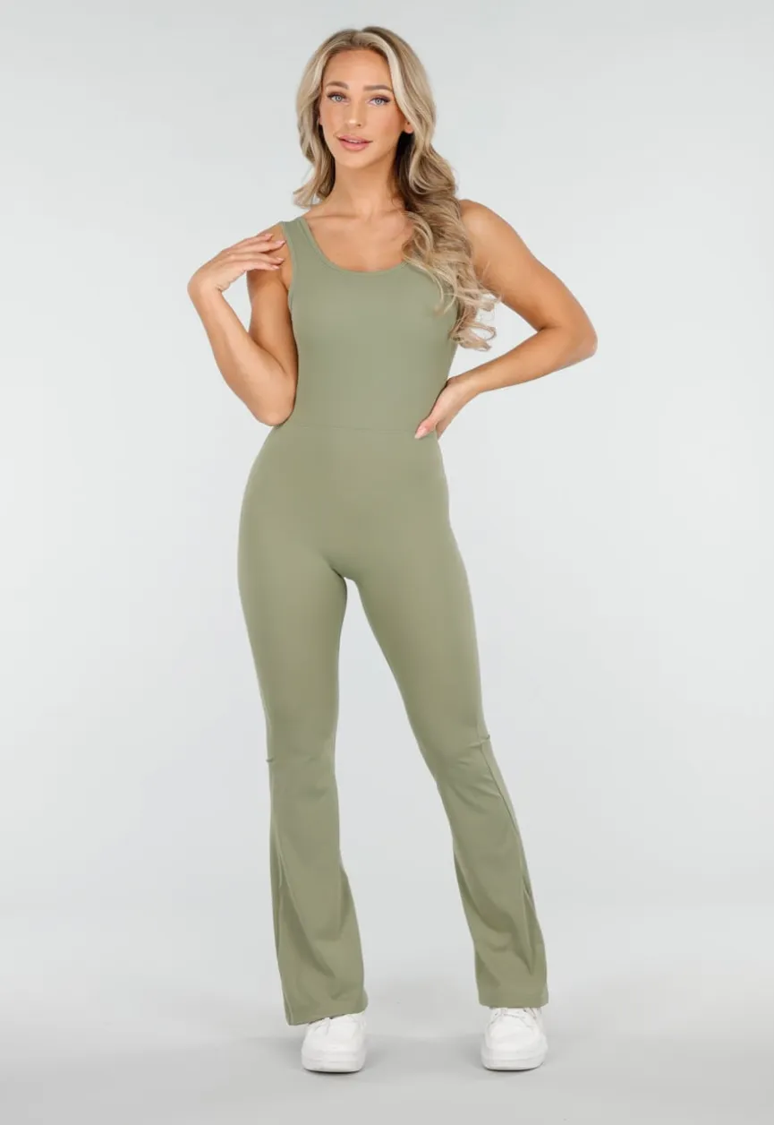 Groene Scrunch Jumpsuit met Lage Rug en Flared Pijpen