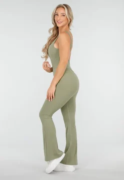 Groene Scrunch Jumpsuit met Lage Rug en Flared Pijpen