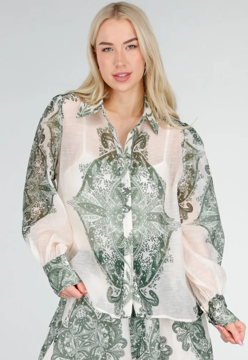 Groene Semi-Transparante Blouse met Paisley Print