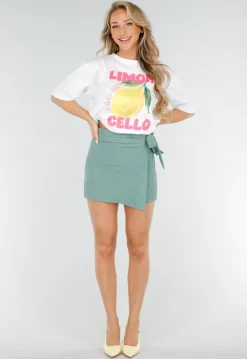 Groene Skort met Overslag en Strikdetail in Linnenlook Stof