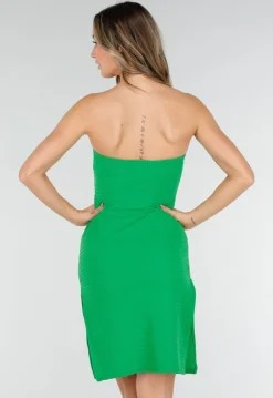 Groene Strapless Midi Jurk met Split en Stretch