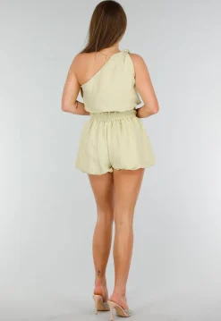 Groene Two Piece Set met Pof Detail, Strik Detail en Stretch
