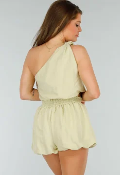 Groene Two Piece Set met Pof Detail, Strik Detail en Stretch