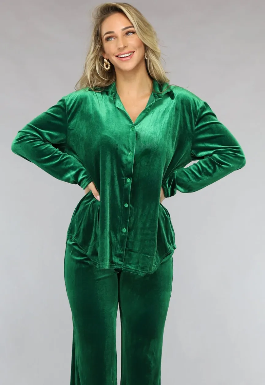 Groene Wide Leg Velvet Co Ord Set