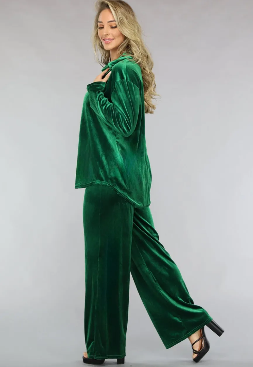 Groene Wide Leg Velvet Co Ord Set