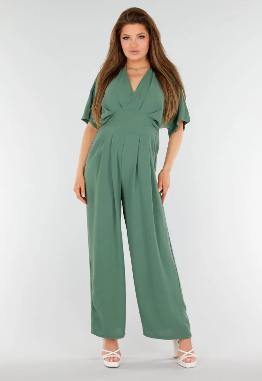 Groene Wijde Jumpsuit met V-Hals en Striksluiting op de Rug
