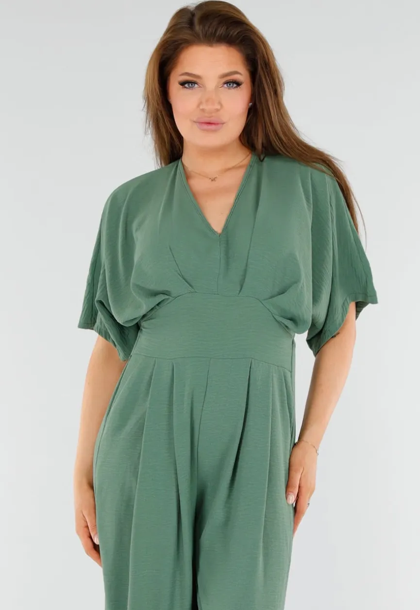 Groene Wijde Jumpsuit met V-Hals en Striksluiting op de Rug