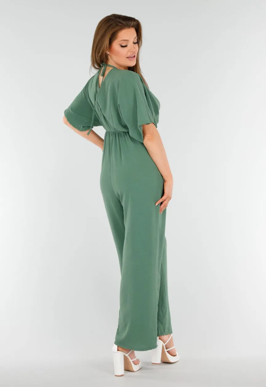 Groene Wijde Jumpsuit met V-Hals en Striksluiting op de Rug