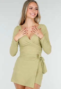 Groene Wikkel Top met Lange Mouwen en Stretch
