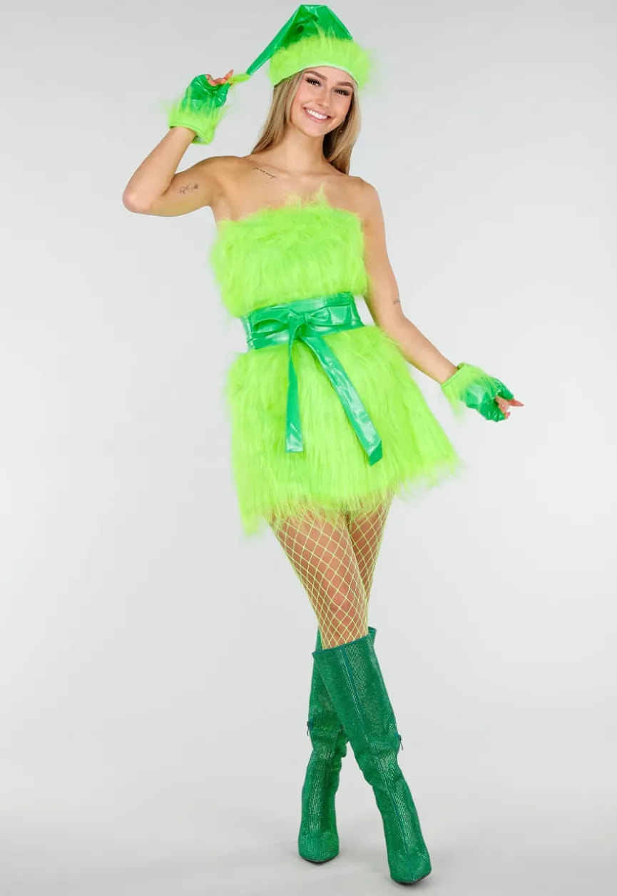 Groen Grinch Kostuum van Fluffy Stof met Ceintuur