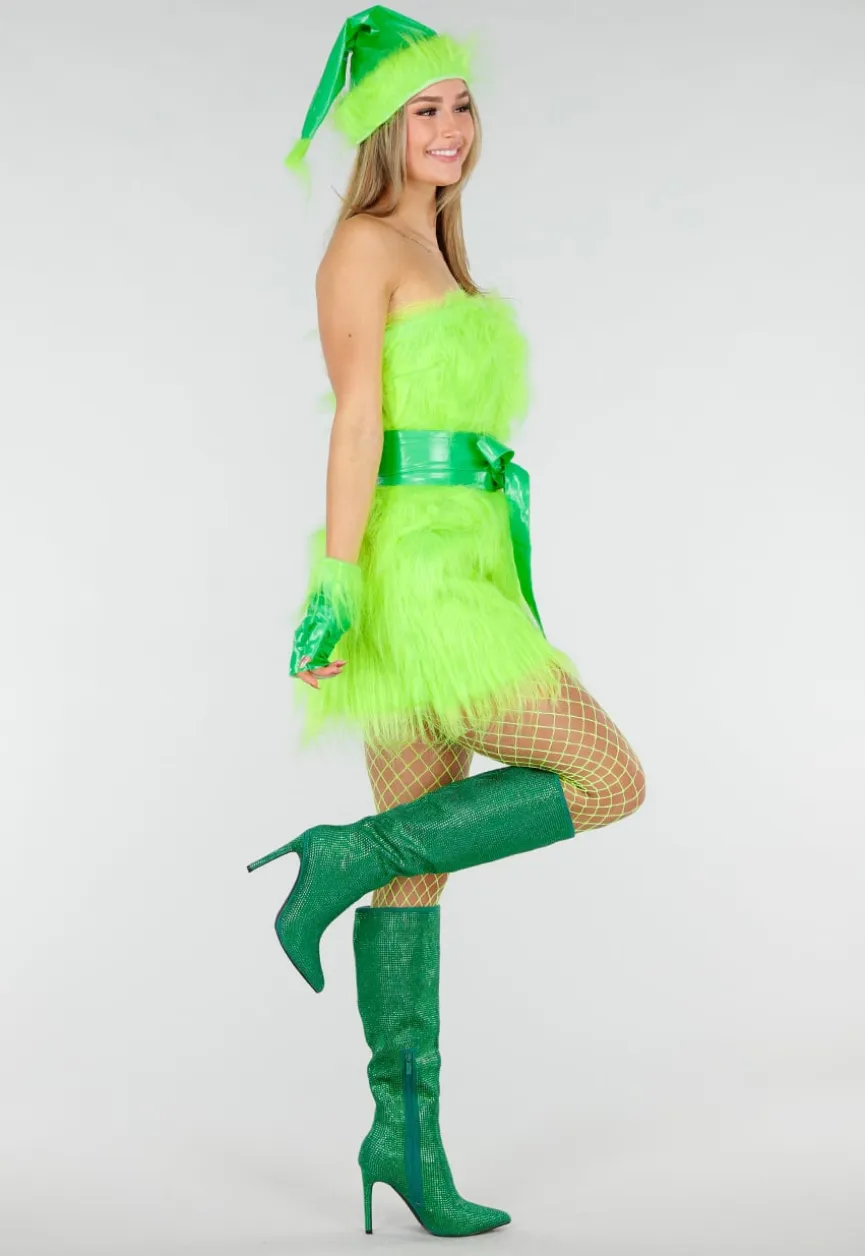 Groen Grinch Kostuum van Fluffy Stof met Ceintuur