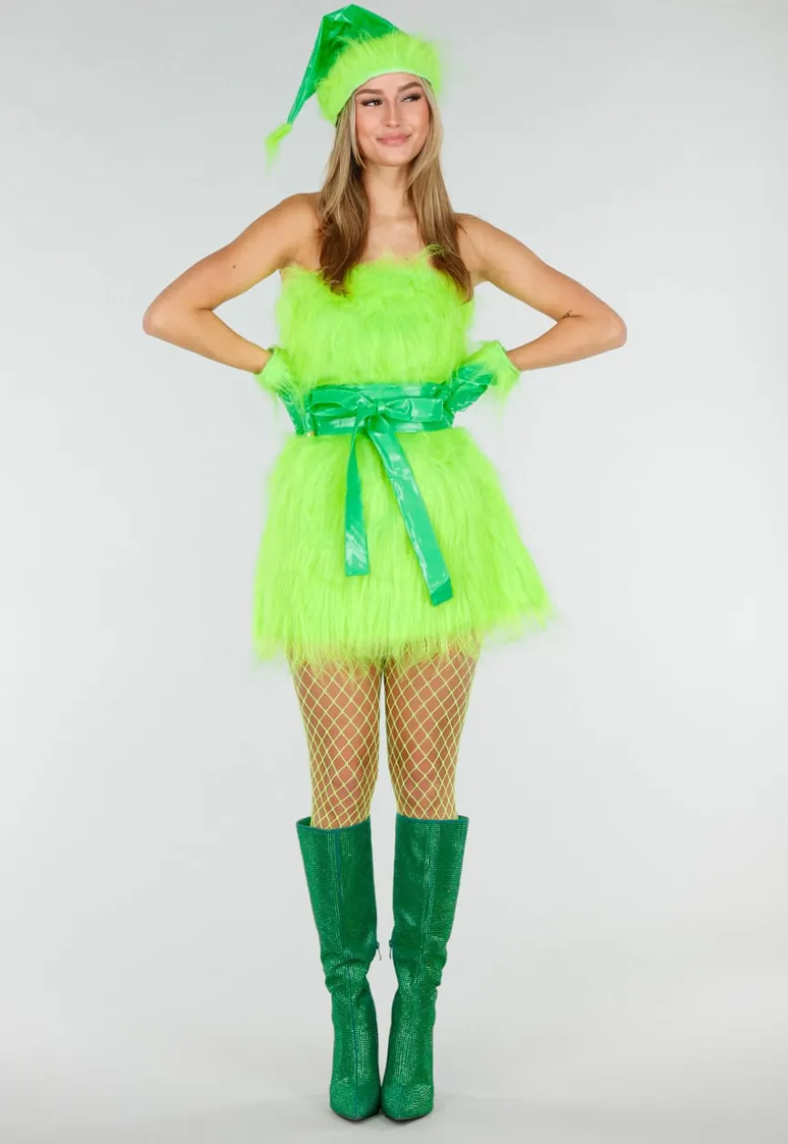 Groen Grinch Kostuum van Fluffy Stof met Ceintuur