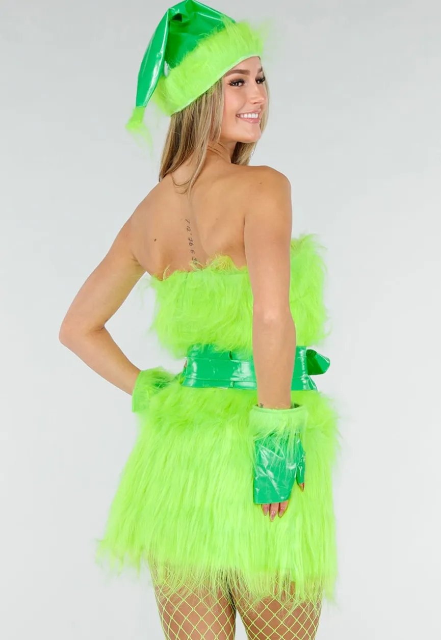 Groen Grinch Kostuum van Fluffy Stof met Ceintuur