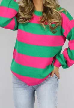 Groen/Roze Trui met Horizontale Strepen