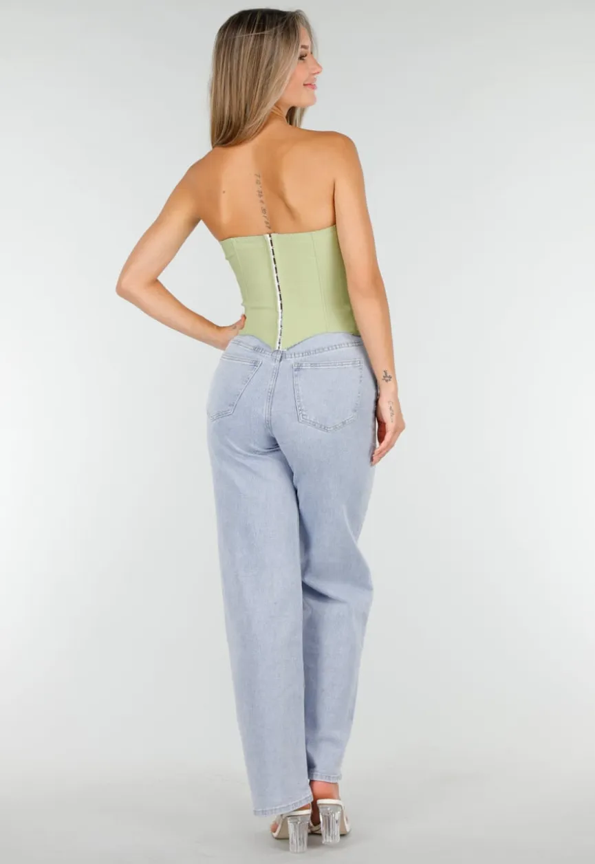 Groen Strapless Korset met Satijnen Veters