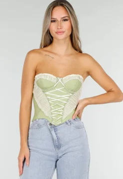 Groen Strapless Korset met Satijnen Veters