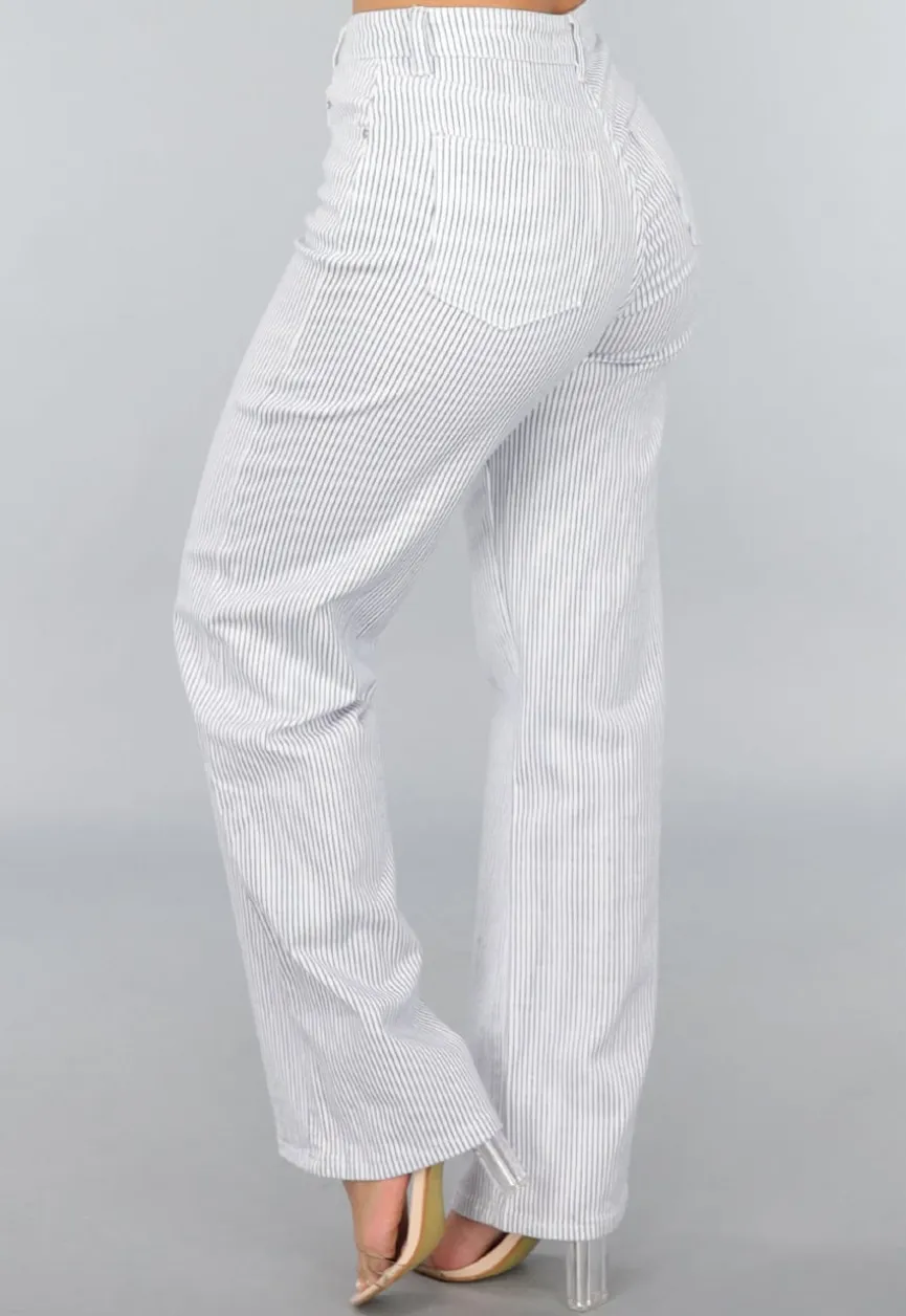 High Rise Straight Leg Jeans met Streeppatroon