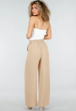 High Waist Beige Linnen Look Petite Broek met Tailleband