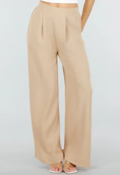 High Waist Beige Linnen Look Petite Broek met Tailleband