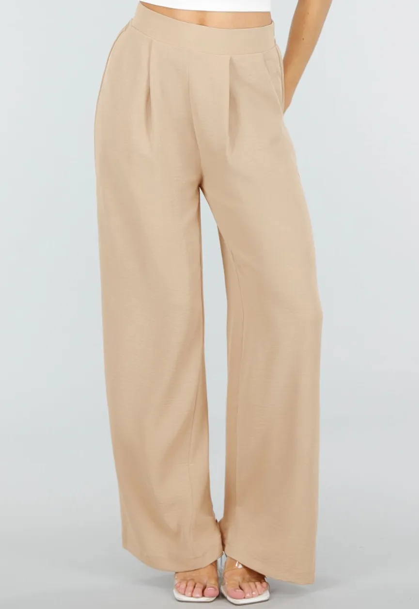 High Waist Beige Linnen Look Petite Broek met Tailleband