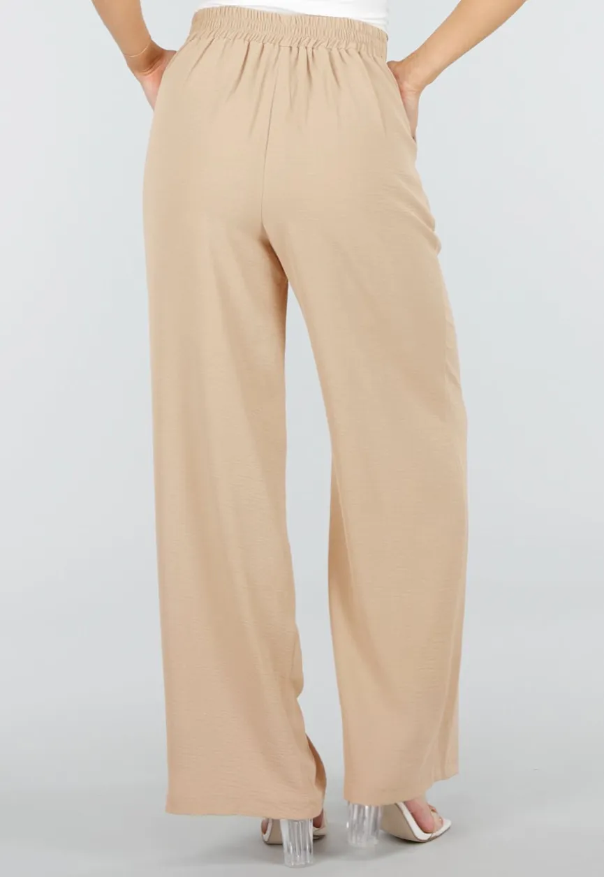 High Waist Beige Linnen Look Petite Broek met Tailleband