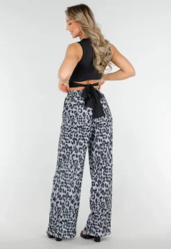 High Waist Leopard Print Linnelook Broek met Steekzakken