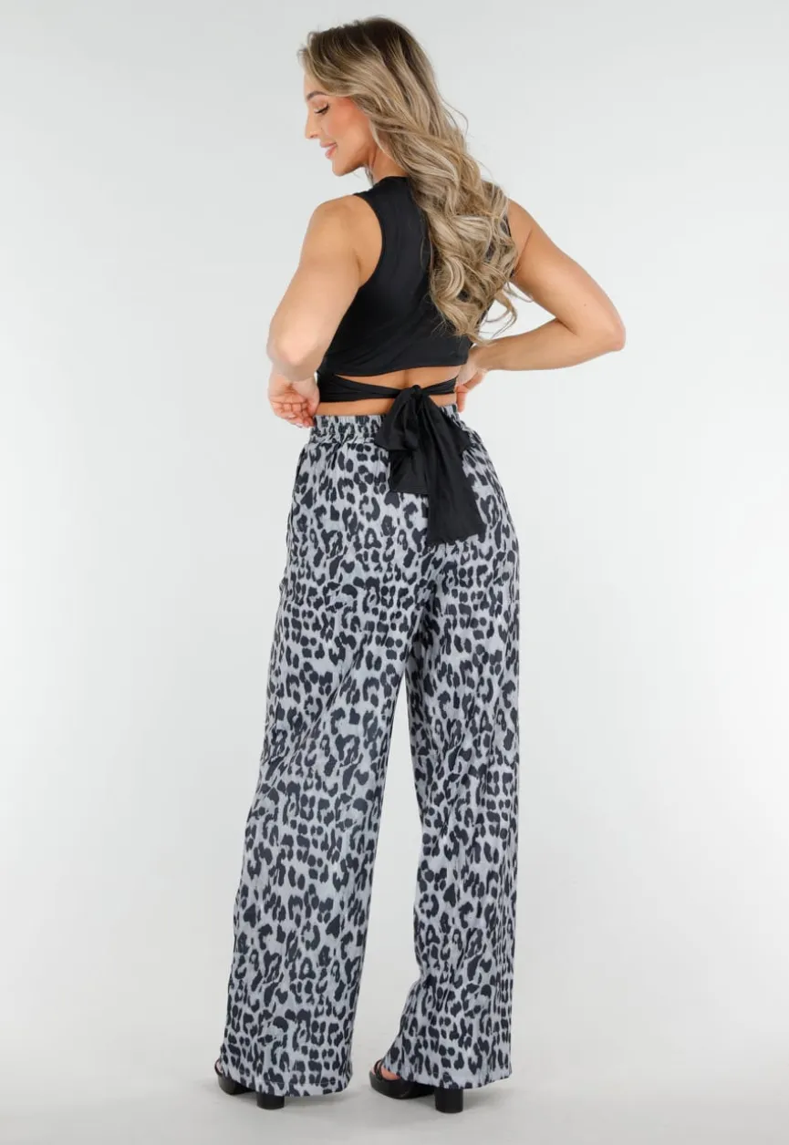 High Waist Leopard Print Linnelook Broek met Steekzakken