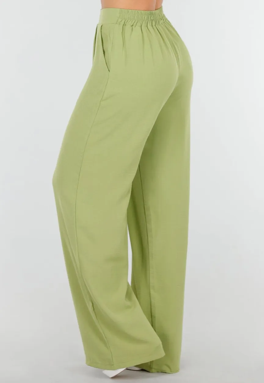 High Waist Olijfgroene Broek met een Linnenlook