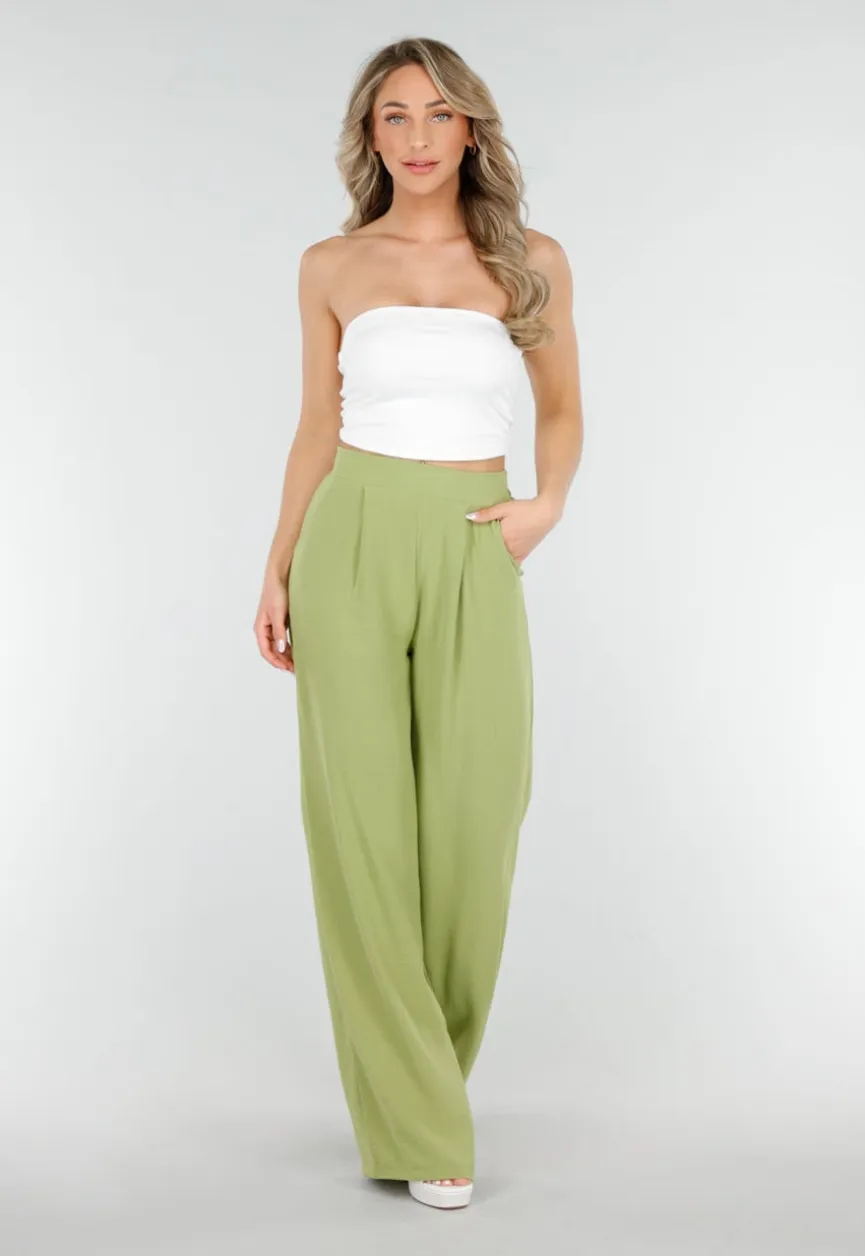 High Waist Olijfgroene Broek met een Linnenlook