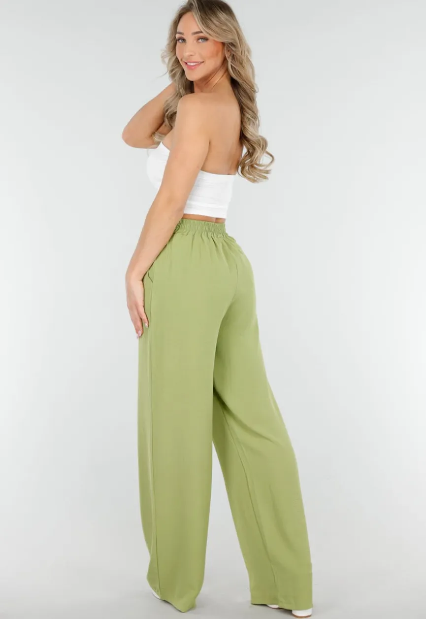High Waist Olijfgroene Broek met een Linnenlook
