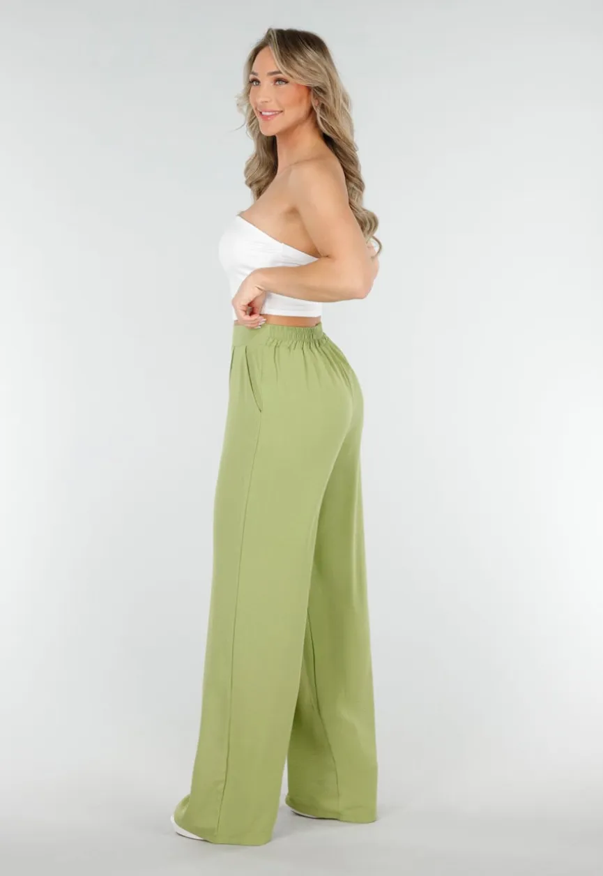 High Waist Olijfgroene Broek met een Linnenlook