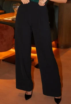 High Waist Zwarte Linnen Look Broek met Tailleband