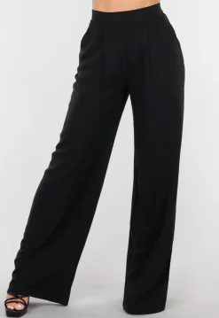 High Waist Zwarte Linnen Look Broek met Tailleband