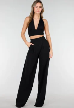 High Waist Zwarte Linnen Look Tall Broek met Tailleband