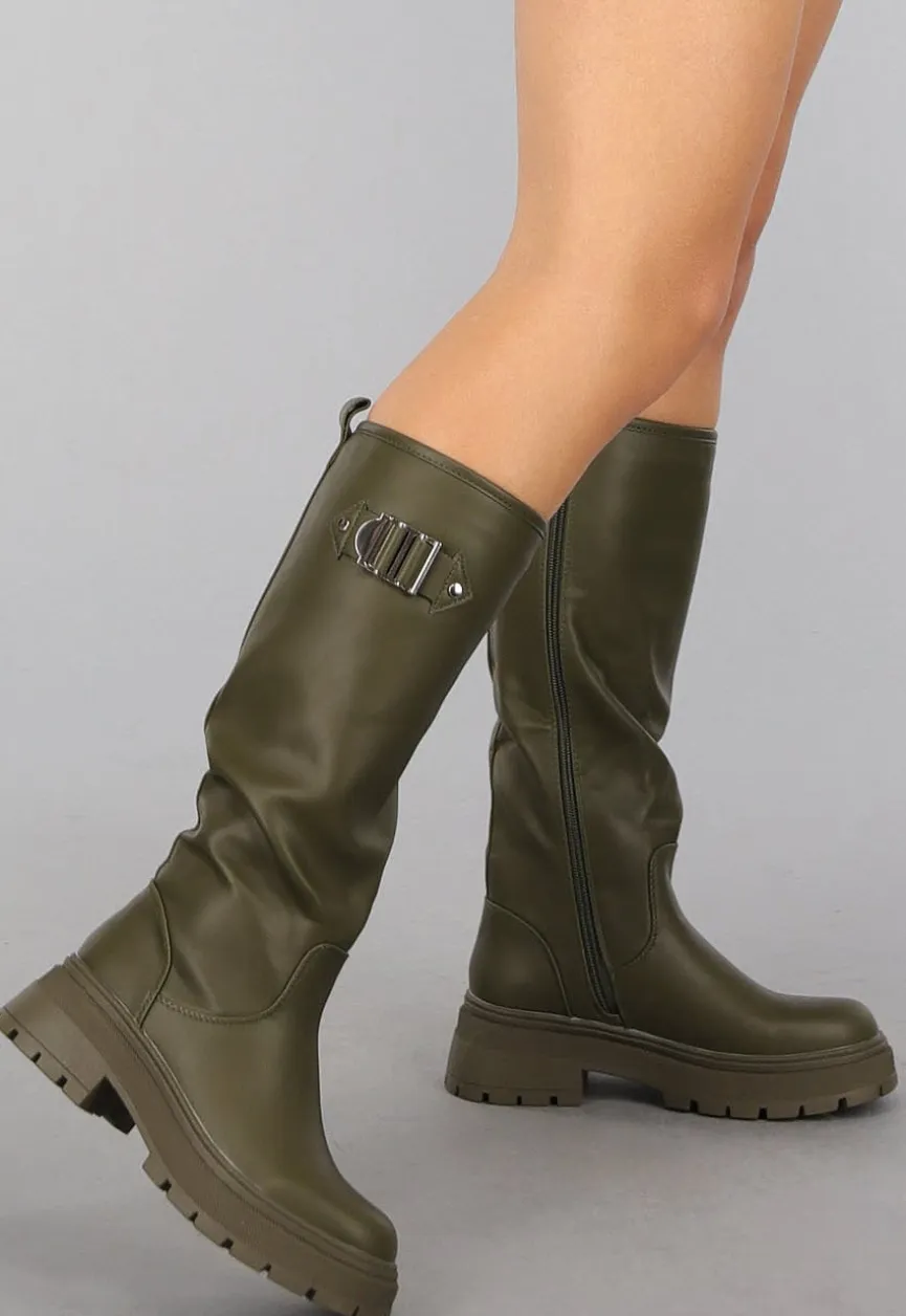 Hoge Lederlook Boots in Khaki