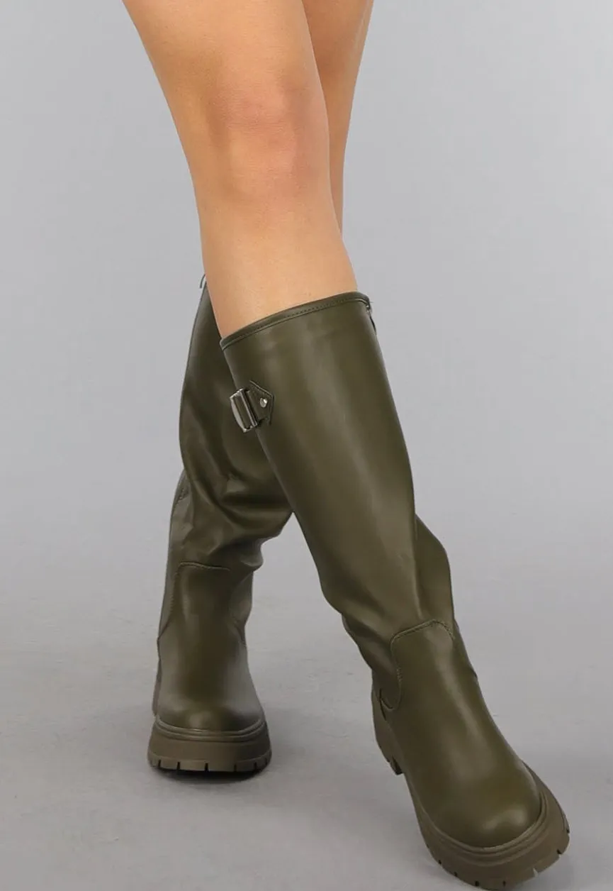 Hoge Lederlook Boots in Khaki