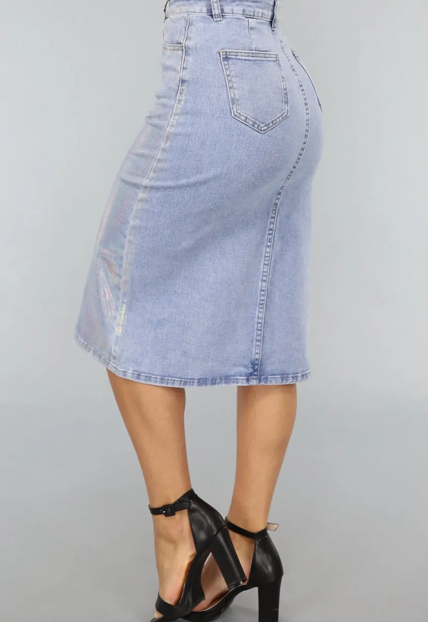 Holografische Coated Midi Denim Rok