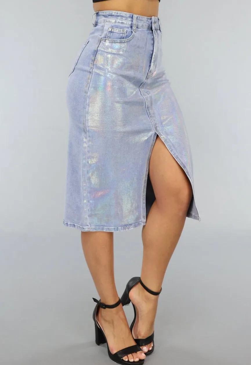 Holografische Coated Midi Denim Rok