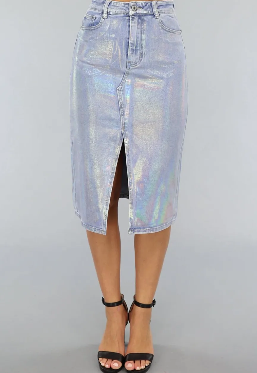 Holografische Coated Midi Denim Rok