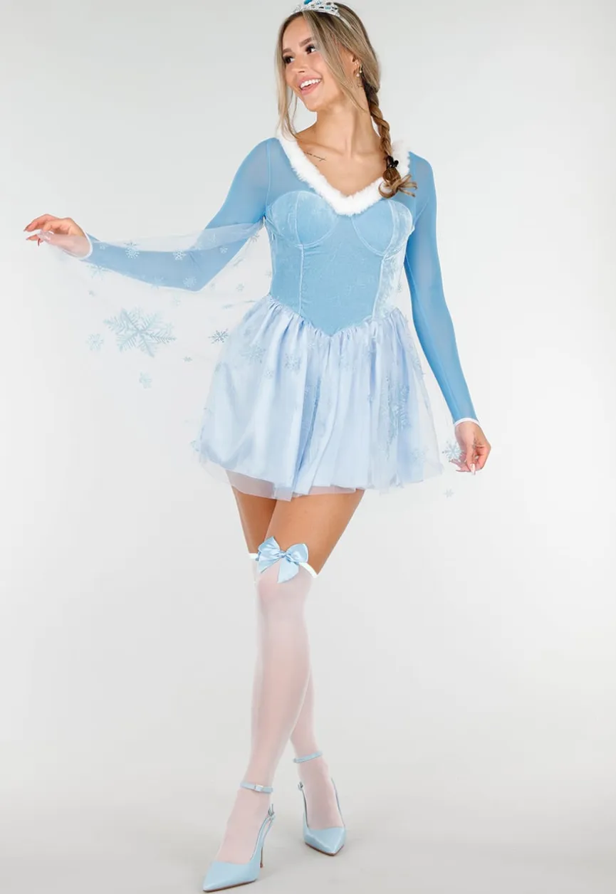 IJsprinses Kostuum met Blauw Jurkje Sneeuwvlokken Cape en Stretch
